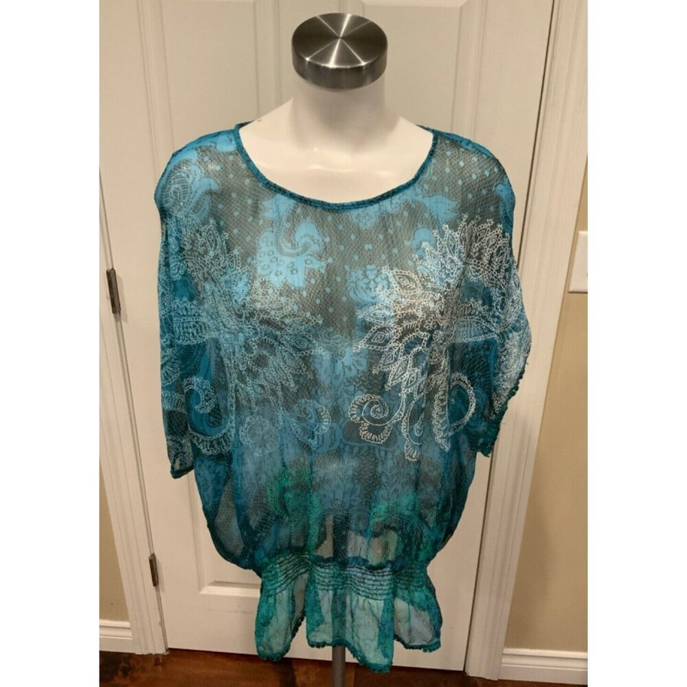 Desigual Blue White Green Floral Sheer Top, Size Large